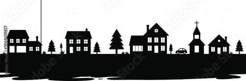 Village skyline silhouette illustration, rural houses trees church car, countryside town landscape, black vector background, minimal flat design scene isolated