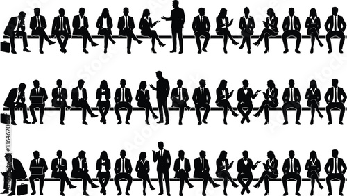 Large Collection of Black Silhouettes Featuring Business Men and Women Sitting on Benches in Various Professional Poses for Corporate Presentations