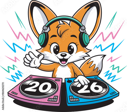 Cute cartoon fox disc jockey playing music on turn tables with 2026 numbers