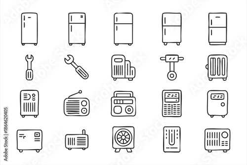 Household Appliance and Repair Tool Line Icons for App Interfaces