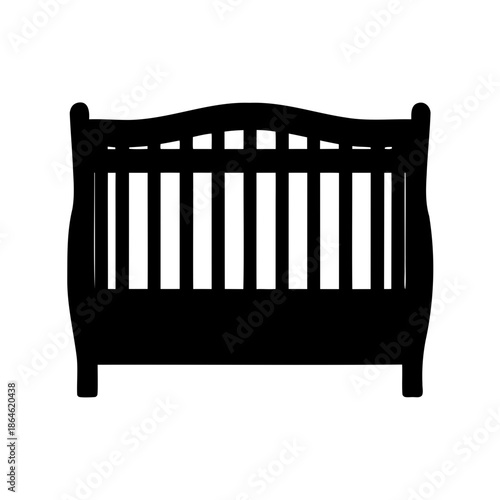 Silhouette of a vintage baby crib with rails, isolated on white background