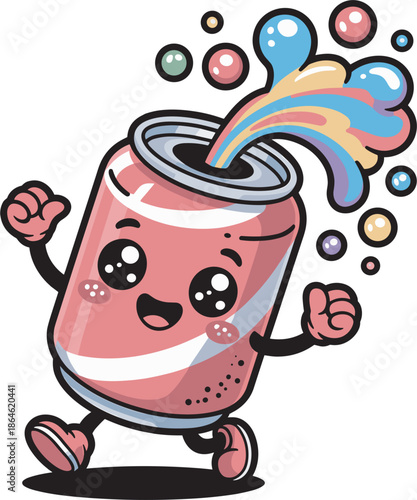 Cute cartoon soda can character with colorful splash and bubbles, kawaii style