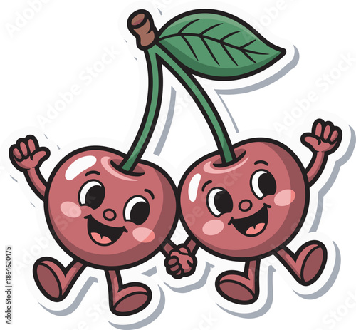Cute cherry cartoon characters holding hands sticker illustration for kids projects