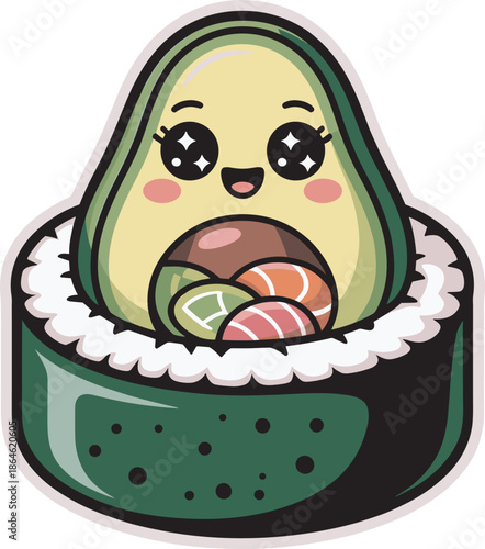 Cute kawaii avocado sushi roll with salmon and cucumber illustration