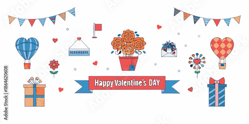 A colorful valentine s day illustration featuring balloons flowers and gift decorations