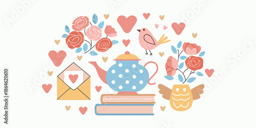 A charming still life featuring hearts flowers a bird and a teapot