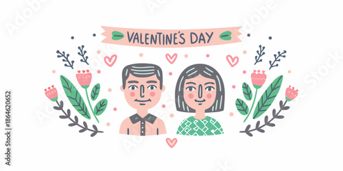 A charming valentine s day illustration featuring a couple and floral elements