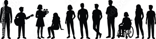 Large collection of diverse people silhouettes including children elderly families and person in wheelchair isolated on white background for community concept