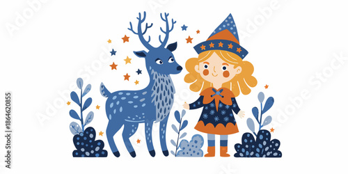 A whimsical illustration of a young witch and a spotted deer in a forest