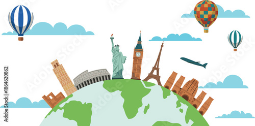 World travel illustration with famous landmarks, global tourism concept, airplane and hot air balloons, colorful vector design isolated background