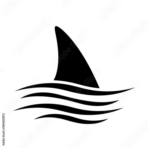 Minimalist shark fin in ocean waves vector icon silhouette.