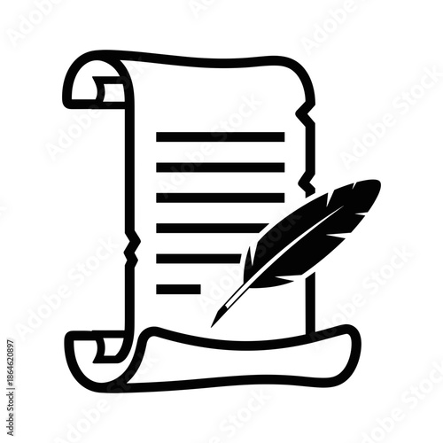 Parchment scroll and feather quill pen writing vector icon