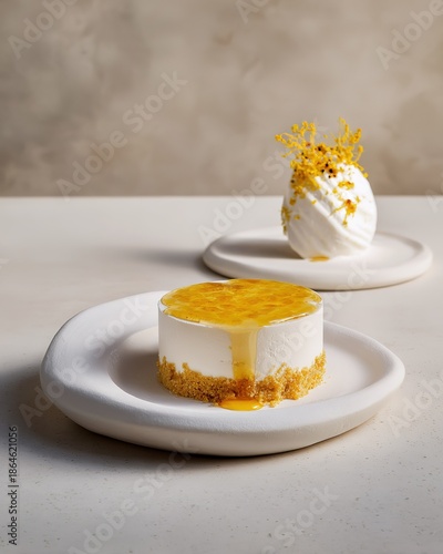 Elegant Modern Dessert Plating: Yellow Jam Cheesecake and Meringue Dessert for Culinary Food Presentation
