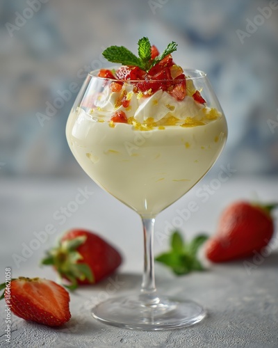 Fresh Strawberry-Topped Panna Cotta in Glass: Elegant Afternoon Tea Dessert Plating
