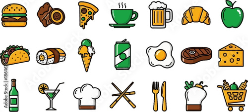  Fast food & dessert vector icon set. Cartoon collection of junk food: burger, pizza, fries, hot dog, donut, soda, ice cream. Cute illustration for menu, sticker, pattern. 