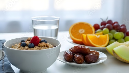 Healthy Breakfast with Oatmeal, Fresh Fruits, Dates, and Water