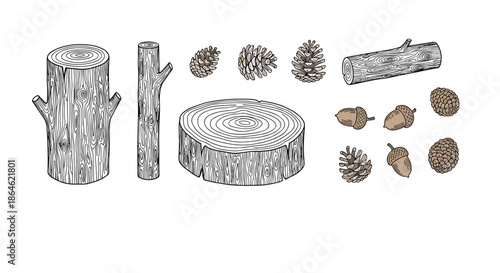 Hand-drawn collection of natural forest elements including wood logs, tree trunks, pine cones, and small brown acorns.