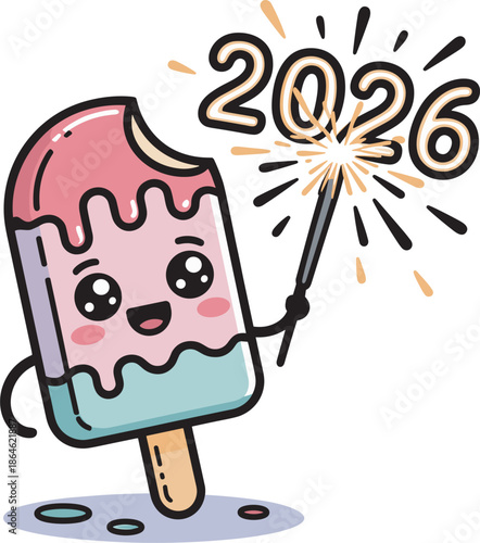 Melting popsicle character with happy face lighting up sparkler for twenty twenty six