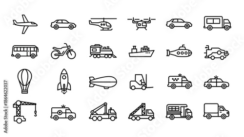 Collection of Various Vehicle Icons Outlined.