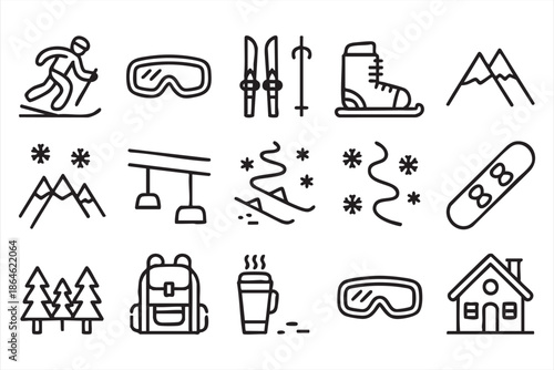 Ski Resort and Snowboard Line Icons for Winter Travel Dashboards