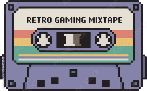 Retro gaming mixtape text on pixel art cassette tape 8bit music audio storage device illustration