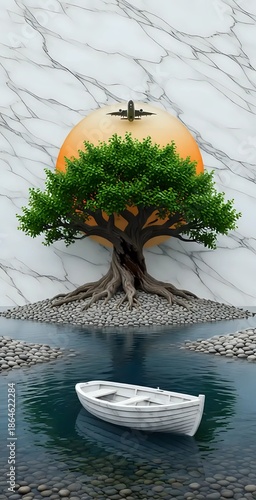 Plane flying over a tree near a river 