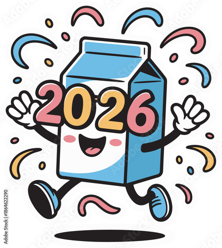 Running cartoon milk carton mascot character happily celebrating new year with numbers twenty twenty six