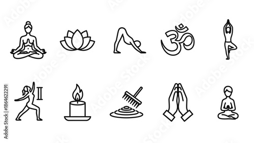 Collection of various yoga and meditation line icons.