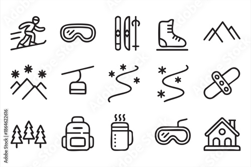 Mountain Ski and Snowboard Line Icons for Cold Weather UI Design