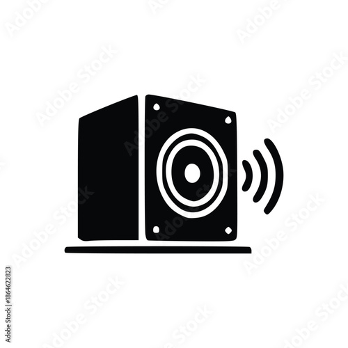 A black and white illustration of a speaker emitting sound waves.