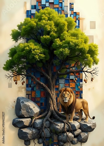 Lion  standing under tree 