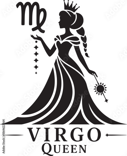 Virgo queen silhouette drawing with zodiac symbol celestial astrology horoscope sign vector design