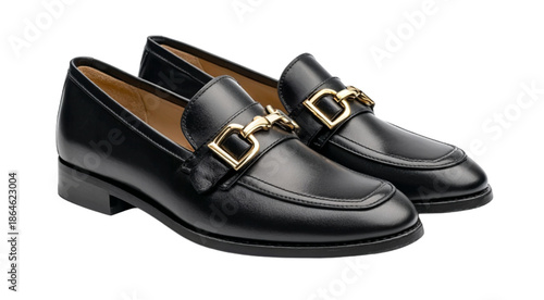 Black leather loafers with gold buckle detail footwear isolated on a transparent background