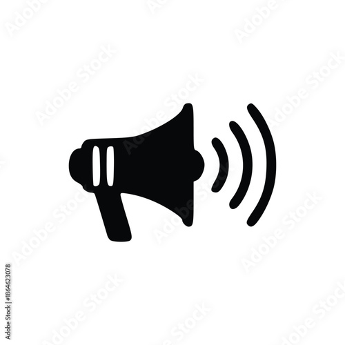 A black silhouette of a megaphone emitting sound waves, symbolizing announcement or broadcast.