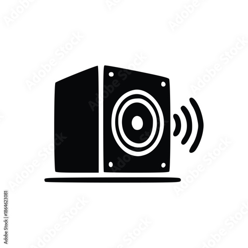 A black and white illustration of a speaker emitting sound waves.