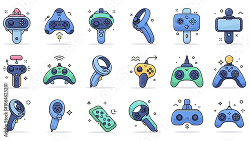 Collection of Video Game Controllers and VR Controllers Icons.