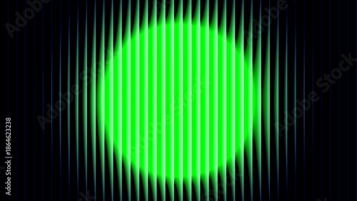 Futuristic Neon Black and Green Vertical Stripe Background with Central Glowing Circle Effect.