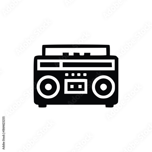 Black and white icon of a vintage boombox or portable radio cassette player, representing music and audio entertainment.