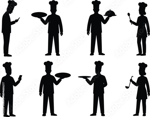Professional Chef Silhouettes and Restaurant Staff Figures Set for Culinary Service Catering Hospitality Industry Kitchen Cooking and Fine Dining Graphic Design