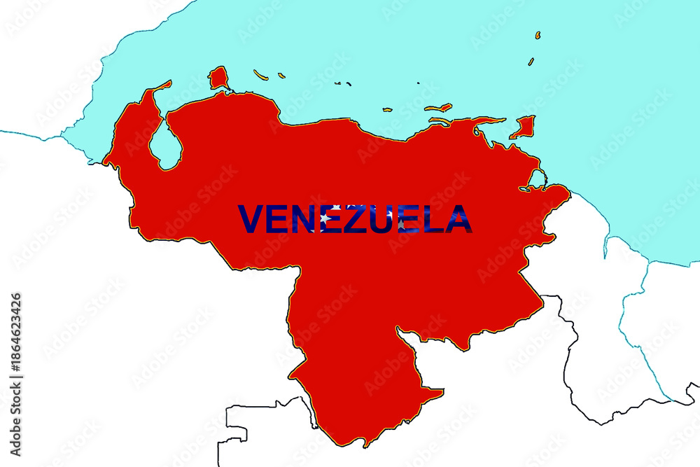 Obraz premium Map and national flag of Venezuela (Bolivarian Republic of Venezuela), a mixed-terrain country in South America with Caracas as its capital 