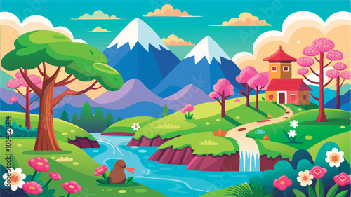 Charming spring landscape with a cozy cottage.