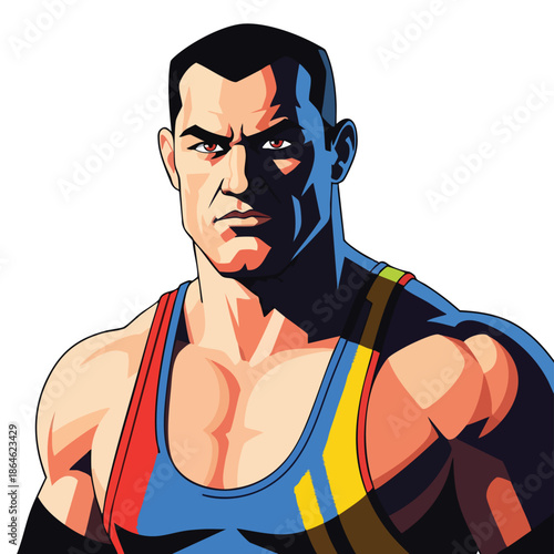 A muscular wrestler vector illustration with a determined expression, wearing a colorful singlet, against a plain white background.