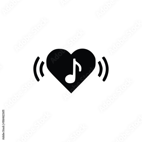 A black heart symbol with a musical note inside and sound waves emanating from its sides, representing love for music.