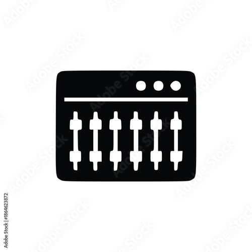 A black and white illustration of a sound mixing board with multiple sliders and indicator lights.