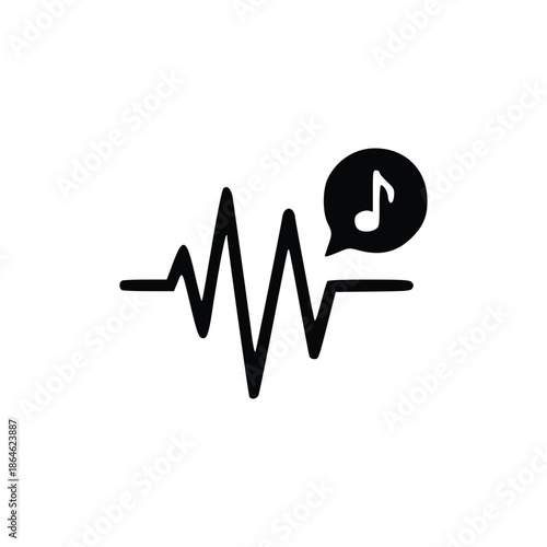 A black and white graphic illustration of a sound wave with a musical note inside a speech bubble.