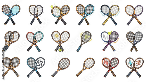 Collection of vintage and modern tennis rackets arranged in a grid pattern.