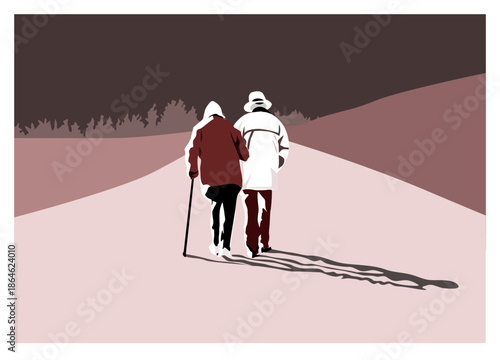 The sweet couple in the long way of life, help and care together 