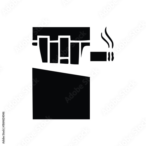 A black and white graphic illustration of a cigarette pack with a lit cigarette coming out of it.