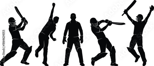 Professional Cricket Player Silhouettes Set Featuring Batsman Hitting Shot Fast Bowler Delivery and Wicket Keeper Posing Isolated on White Background
