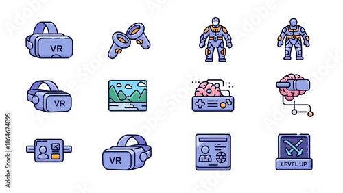 Collection of virtual reality gaming and technology icons.